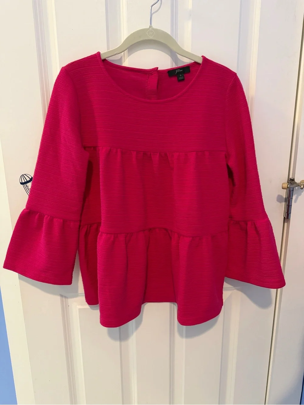 J. Crew Women’s Bright Pink Ribbed Tiered Bell-Sleeve Top